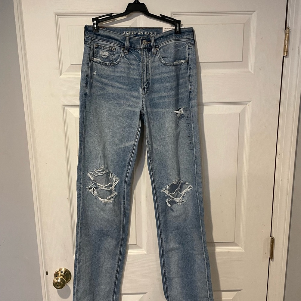 American Eagle Blue Low-Rise Baggy Straight Leg Jeans with Distressed Details